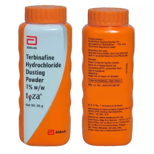 Two Tyza Dusting Powder bottles arranged, one showing side profile and cap