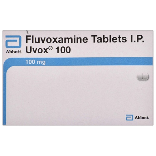 Uvox 100 box packaging with 100 tablets fluvoxamine maleate, SSRI antidepressant for depression, OCD, and anxiety disorders, online pharmacy ZarvyPharm