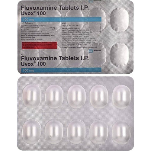 Uvox 100 blister strip showing fluvoxamine maleate tablets, psychiatric medication for OCD, generalized anxiety disorder, and PTSD, online pharmacy