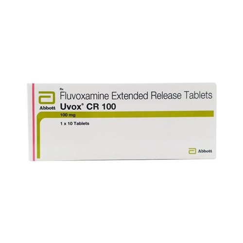 Uvox CR 100 box packaging with 10 tablets fluvoxamine maleate, SSRI antidepressant for OCD, depression, and anxiety disorders, online pharmacy ZarvyPharm