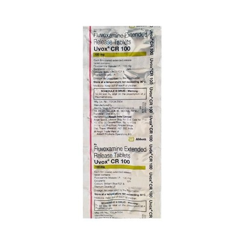 Uvox CR 100 blister strip showing fluvoxamine maleate tablets, psychiatric medication for OCD, generalized anxiety disorder, and PTSD, online pharmacy