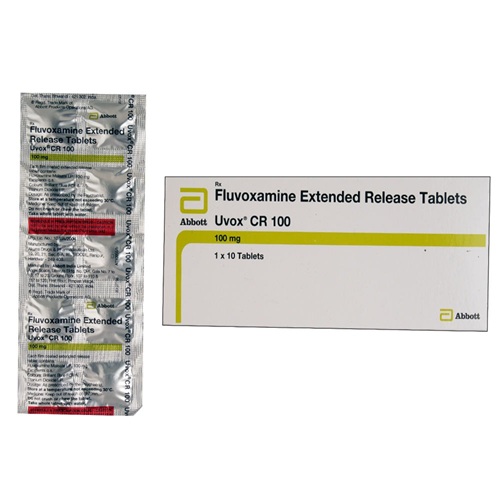 Uvox CR 100 Abbott packaging with fluvoxamine maleate controlled-release tablets, long-term SSRI therapy for mood and anxiety disorders, ZarvyPharm online pharmacy
