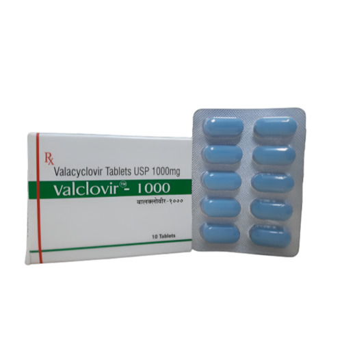 Valclovir 1000mg (Valacyclovir) blister strip with tablets and branded carton box