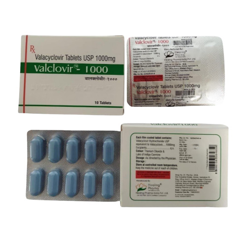 Valclovir 1000mg (Valacyclovir) full pack with box, blister strips, and label details, 10 tablets