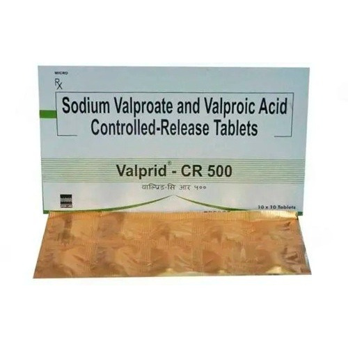 Valprid CR 500mg (Sodium Valproate and Valproic Acid) 100 tablets branded carton with blister packs displayed, online pharmacy supplement for long-term epilepsy management and mental health care