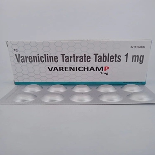 Varenichamp 1mg box and 30-tablet blister pack, front-facing label readable