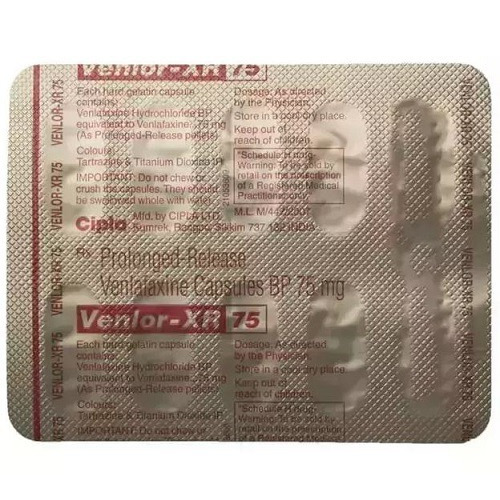 Close-up of Venlor-XR 75mg blister strip showing prolonged-release capsules