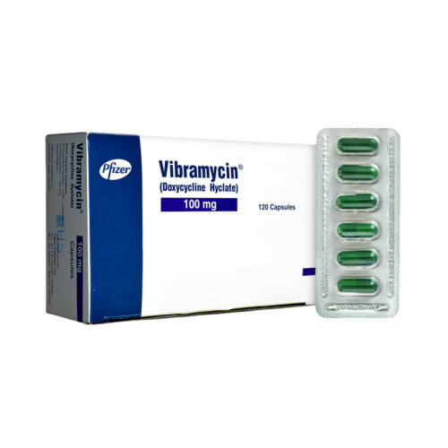 Vibramycin 100mg 120 Capsules outer carton packaging with visible blister strip of green capsules