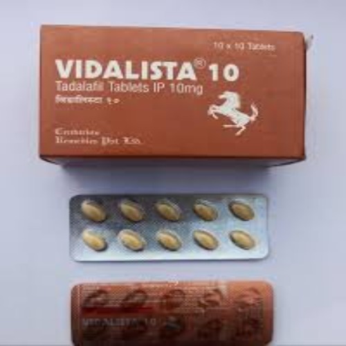 Multiple blister strips of Vidalista 10mg tablets displayed with outer packaging