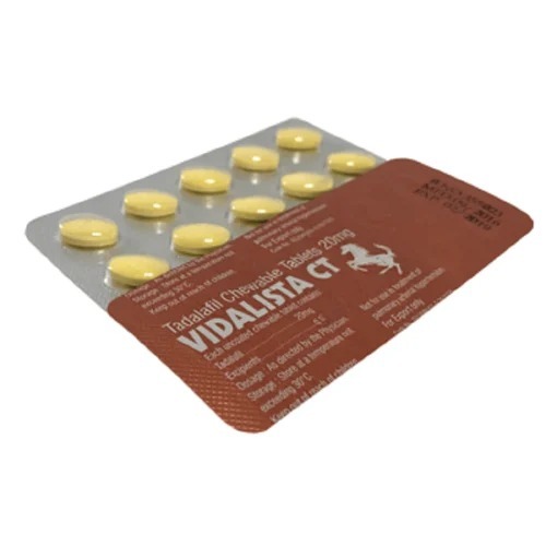 Close-up of yellow Vidalista 20 CT chewable tadalafil tablets in blister packaging