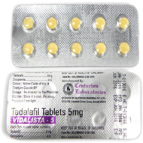 Vidalista 5mg blister strip close-up, tablets and printed label details visible