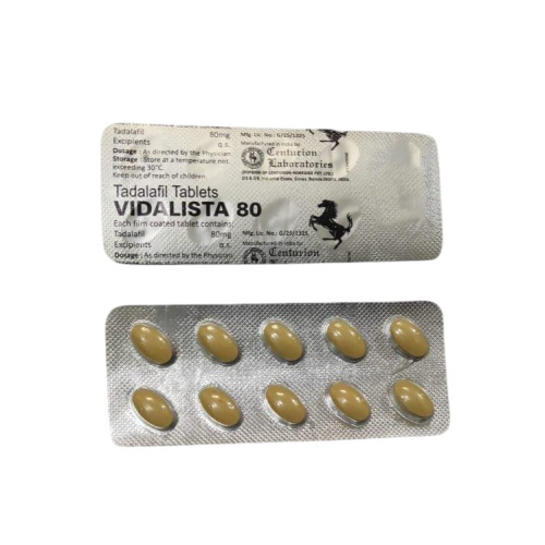 Vidalista 80mg tadalafil tablets foil strip showing dosage imprint with tablets visible