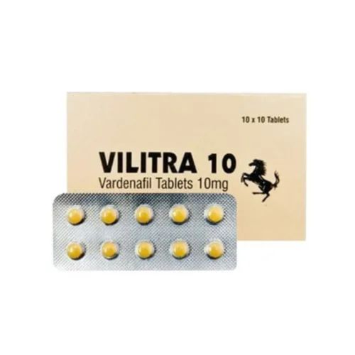 Vilitra 10mg packaging with box and open blister strip containing yellow round tablets