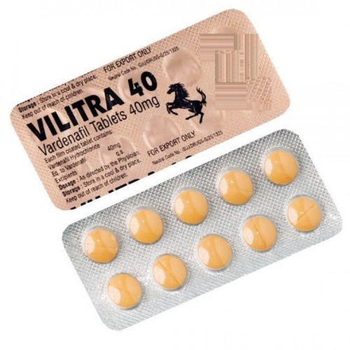 Vilitra 40mg (Vardenafil) copper foil blister pack with yellow tablets close-up