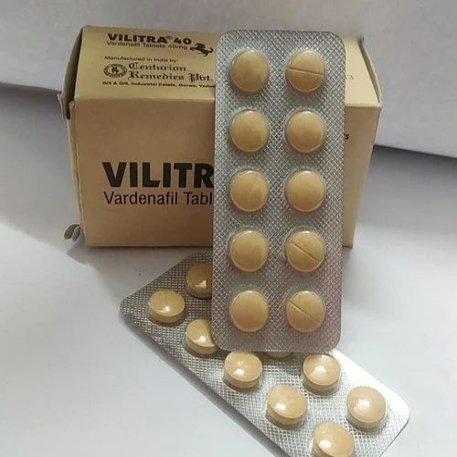 Vilitra 40mg (Vardenafil) branded carton with multiple yellow tablet blister strips