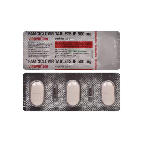 Virovir 500mg (Famciclovir) close-up of branded foil blister pack with tablets