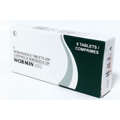 Wormin 100 (Mebendazole) 100mg 6 tablets carton box front view for online pharmacy broad spectrum dewormer