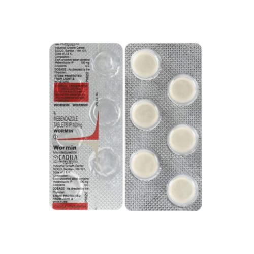 Wormin 100 (Mebendazole) 100mg 6 tablets blister close-up with foil details for roundworm, whipworm, and hookworm therapy online pharmacy