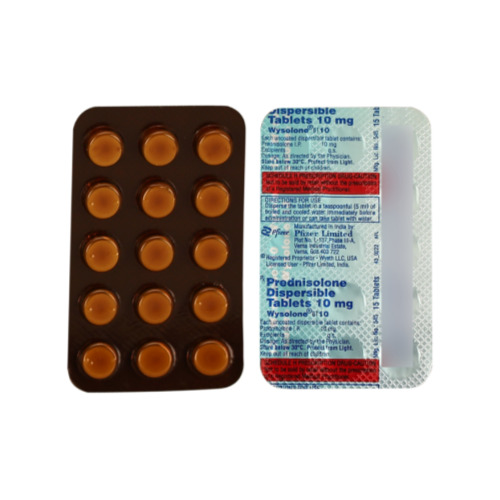 Blister pack of Wysolone 10mg tablets with product name and dosage printed clearly