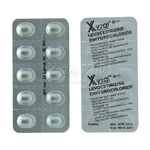 Xyzal 5mg Levocetirizine Dihydrochloride oval white tablets in silver blister sheet
