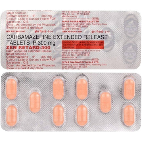 Zen Retard 300mg (Carbamazepine) 100 tablets silver blister strips with orange oval tablets, online pharmacy treatment option for epilepsy and mood stabilization