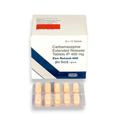 Zen Retard 400mg (Carbamazepine) 100 tablets branded carton with blister packs displayed, online pharmacy supplement for epilepsy management and bipolar disorder care