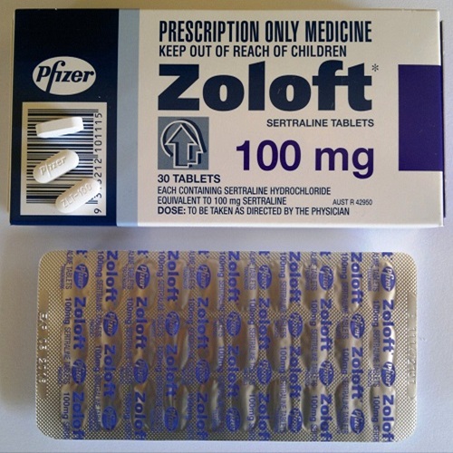 Zoloft 100mg (Sertraline HCl) multiple blister strips arranged together with printed branding