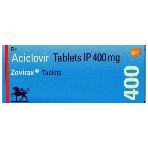 Zovirax 400 blue outer box highlighting dosage strength and brand labeling