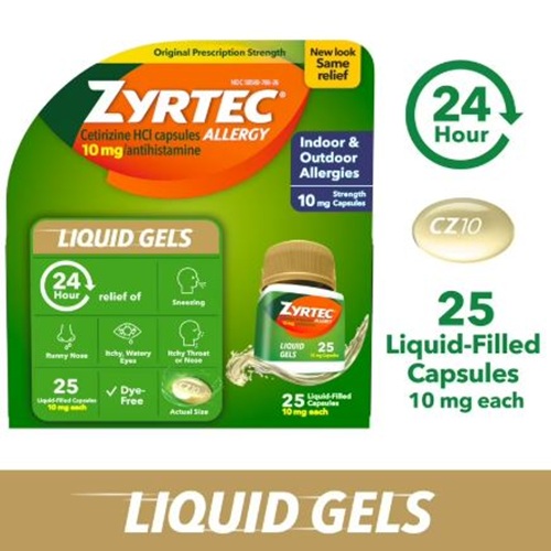 Zyrtec 10 (Cetirizine) liquid gels box showing 25 liquid-filled capsules in green packaging